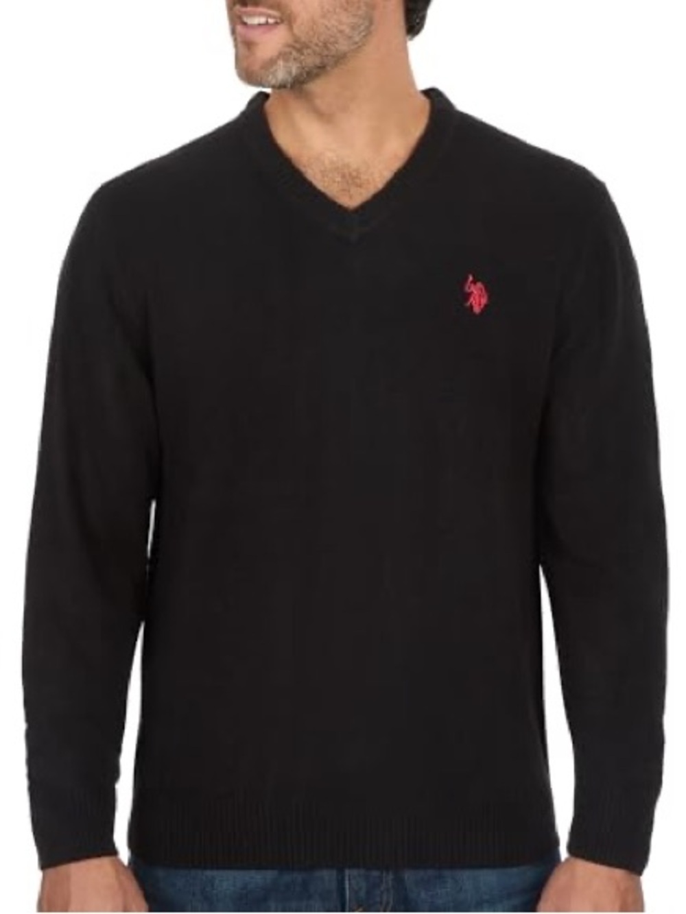 U.S. Polo Men’s Black V-Neck Pullover Knit Sweater – Red Pony Logo Size XL